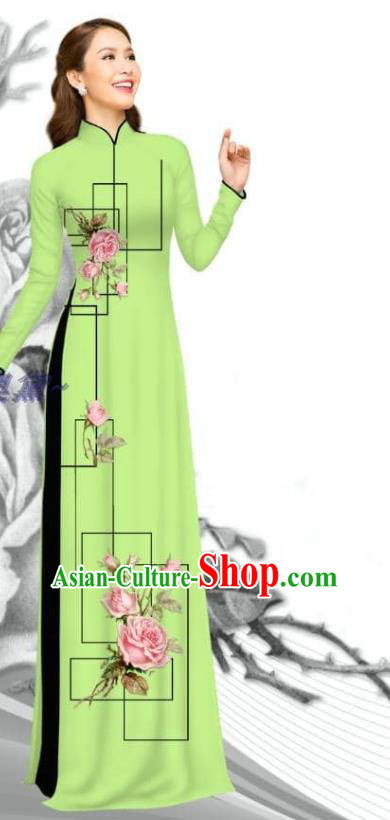 Asian Vietnamese Green Ao Dai Clothing Traditional Vietnam Women Printing Rose Dress with Pants Uniforms Bride Costume