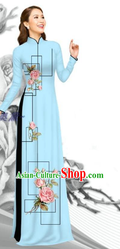 Traditional Vietnam Women Uniforms Asian Vietnamese Ao Dai Clothing Printing Rose Dress with Pants Bride Light Blue Costume