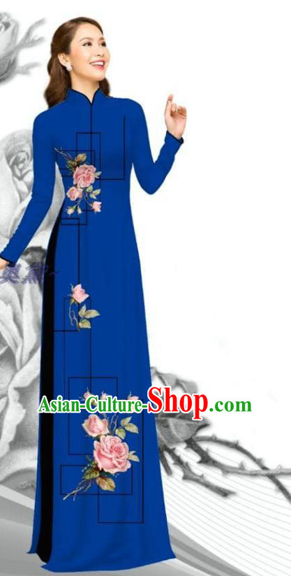 Traditional Vietnam Bride Costume Asian Vietnamese Ao Dai Clothing Printing Rose Royalblue Dress with Pants Women Uniforms