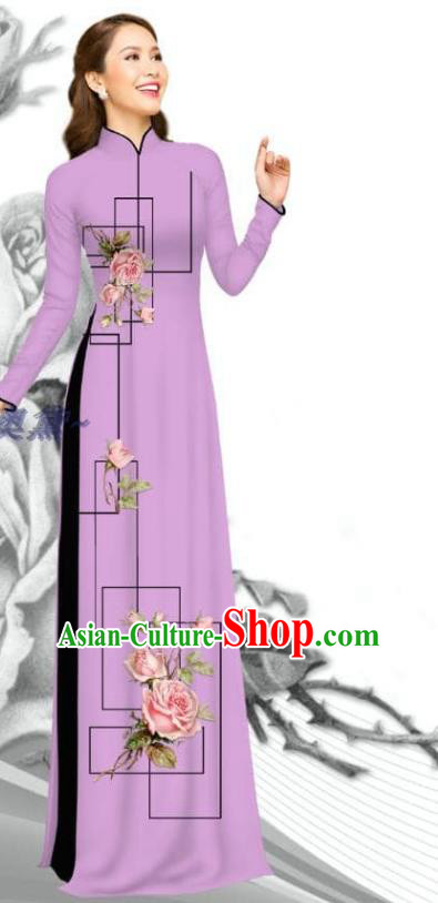Traditional Vietnam Printing Rose Violet Dress with Pants Women Uniforms Bride Costume Asian Vietnamese Ao Dai Clothing