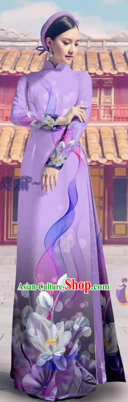 Custom Vietnam Ao Dai Dress Beauty Costume Traditional Printing Cheongsam with Pants Asian Vietnamese Violet Clothing