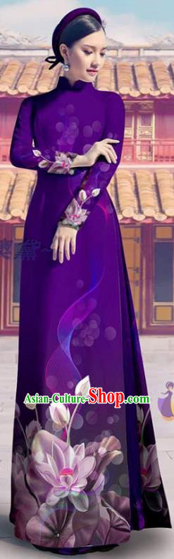 Custom Vietnam Beauty Deep Purple Costume Asian Vietnamese Ao Dai Dress Clothing Traditional Printing Cheongsam with Pants