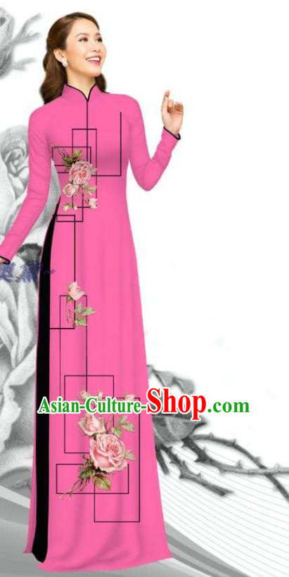Traditional Vietnam Women Rosy Uniforms Bride Costume Asian Vietnamese Custom Printing Rose Ao Dai Clothing Dress with Pants
