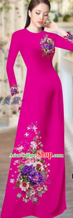 Custom Magenta Ao Dai Dress Vietnam Traditional Clothing Printing Cheongsam with Pants Asian Vietnamese Costume