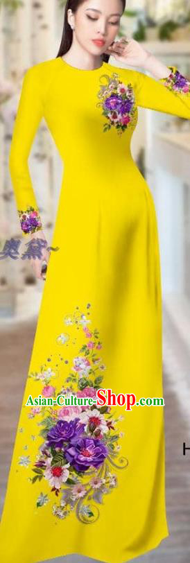 Vietnam Custom Yellow Ao Dai Dress Traditional Clothing Printing Cheongsam with Pants Asian Vietnamese Costume