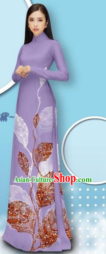 Light Purple Cheongsam Asian Vietnamese Long Dress with Pants Custom Vietnam Traditional Bride Costume Female Ao Dai Uniforms