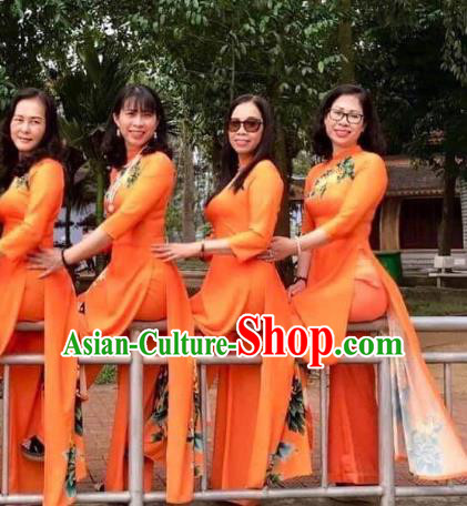 Asian Vietnam Wedding Costume Traditional Vietnamese Clothing Printing Chrysanthemum Ao Dai Dress Cheongsam with Pants Custom Uniforms