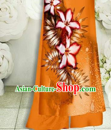Vietnamese Female Classical Orange Qipao Dress with Pant Vietnam Cheongsam Ao Dai Clothing Traditional Oriental Fashion