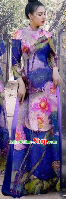 Violet Asian Vietnam Cheongsam with Loose Pants Traditional Garment Apparel Vietnamese Beauty Fashion Ao Dai Dress
