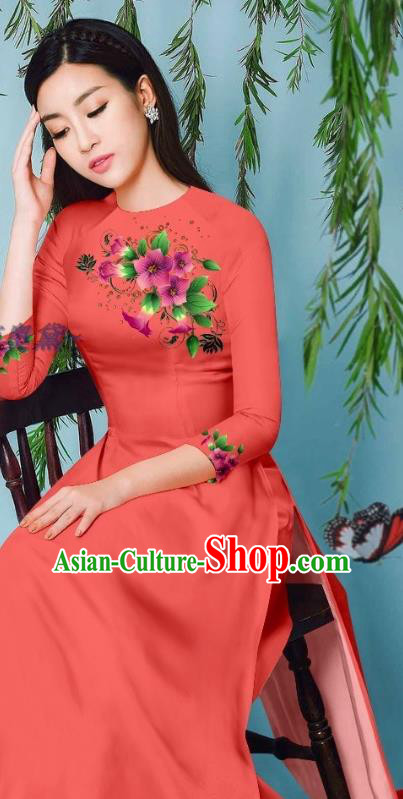 Asian Vietnam Jacinth Long Dress Traditional Vietnamese Beauty Fashion Ao Dai Clothing Cheongsam with Loose Pants