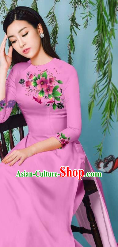 Pink Cheongsam with Loose Pants Outfits Asian Vietnam Ao Dai Clothing Long Dress Traditional Vietnamese Beauty Fashion