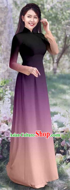 Asian Traditional Ao Dai Clothing Vietnamese Costumes Vietnam Classical Gradient Violet Cheongsam Qipao Dress with Pants