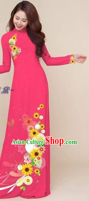Asian Women Classical Printing Cheongsam Rosy Qipao Dress with Pants Vietnam Ao Dai Clothing Traditional Vietnamese Costumes