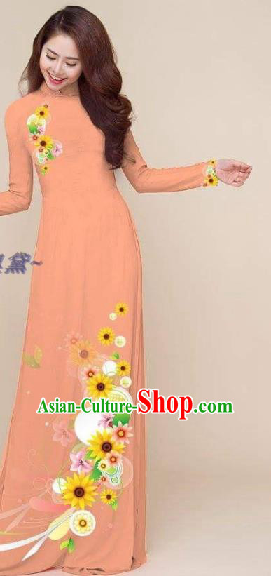 Vietnam Traditional Apricot Clothing Asian Costumes Classical Qipao Printing Cheongsam with Pants Vietnamese Ao Dai Dress