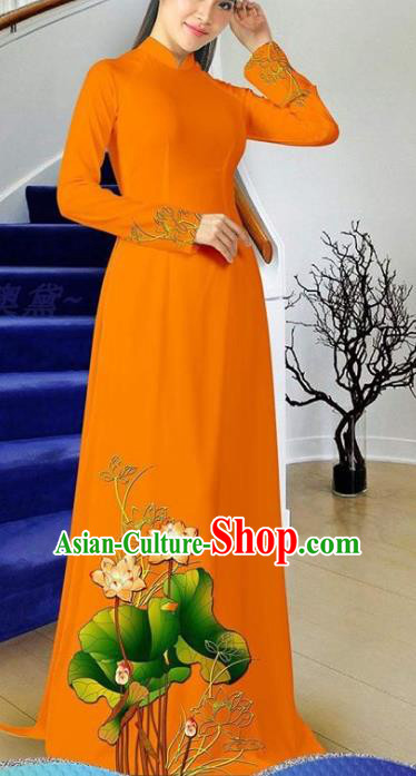 Vietnam Orange Cheongsam Vietnamese Ao Dai Dress Traditional Classical Costumes Asian Clothing Women Qipao with Pants Two Piece Set