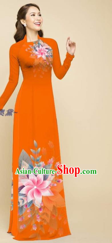 Oriental Beauty Orange Cheongsam with Loose Pants Outfits Traditional Vietnamese Women Clothing Vietnam Ao Dai Qipao Dress Fashion