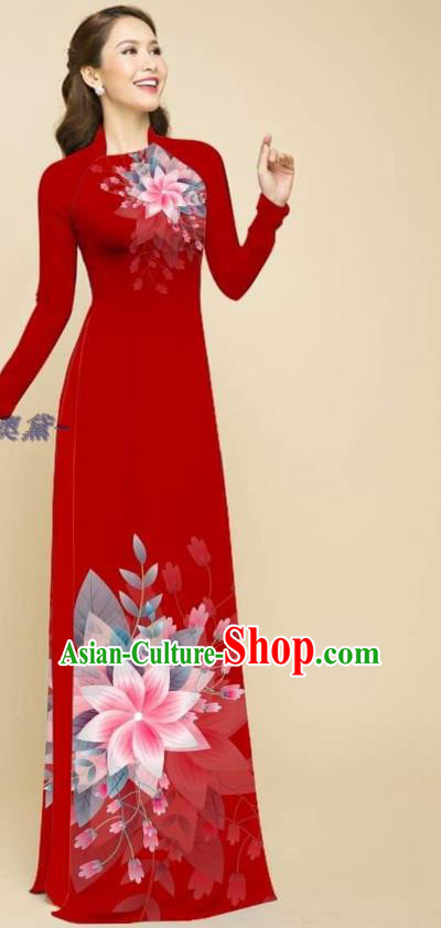 Red Oriental Cheongsam Traditional Vietnamese Ao Dai Qipao Dress with Loose Pants Outfits Clothing Vietnam Beauty Fashion