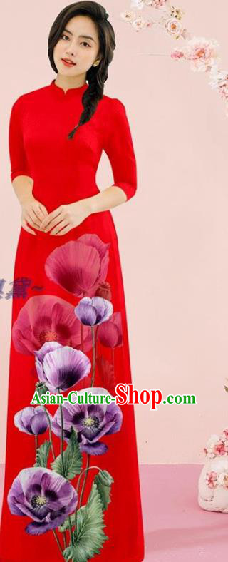 Vietnamese Fashion Outfits Traditional Ao Dai Dress Vietnam Stage Show Costume Oriental Classical Qipao with Loose Pants Red Cheongsam