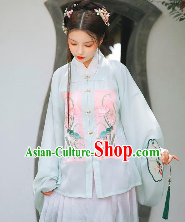 Chinese Ancient Ming Dynasty Costumes Traditional Hanfu Dress Embroidered Green Blouse and Horse Face Skirt for Noble Women