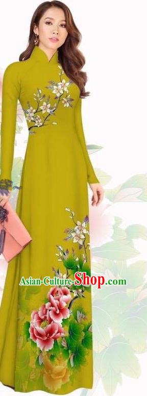 Olive Green Vietnamese Ao Dai Dress with Pants Women Classical Printing Cheongsam Traditional Clothing Asian Vietnam Custom Qipao