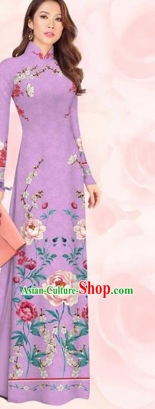 Asian Bride Purple Dress Traditional Fashion Vietnamese Ao Dai Clothing Custom Women Qipao with Pants Vietnam Cheongsam