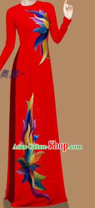 Asian Cheongsam Vietnamese Bride Dress Vietnam Women Qipao with Pants Traditional Custom Clothing Red Ao Dai Dress