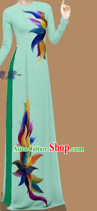 Vietnam Women Light Green Qipao with Pants Traditional Custom Ao Dai Cheongsam Bride Dress Clothing Asian Vietnamese Fashion