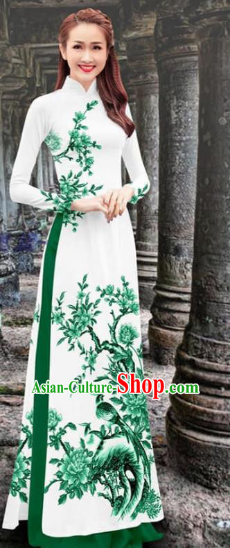 Asian Vietnam Women Clothing Traditional Vietnamese Ao Dai Two Piece Set Custom Cheongsam Fashion Qipao Dress with Green Pants