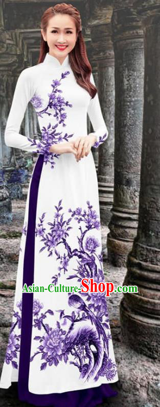 Traditional Vietnamese Ao Dai Qipao Dress with Purple Loose Pants Vietnam Fashion Two Piece Set