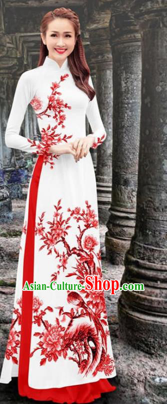 Vietnam Ao Dai Clothing Printing Flower Bird Cheongsam with Red Loose Pants Traditional Vietnamese Qipao Dress Costume