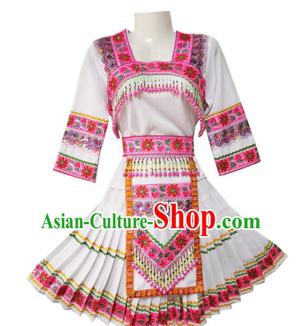 China Miao Ethnic Women Clothing Traditional Nationality Folk Dance White Blouse and Short Pleated Skirt