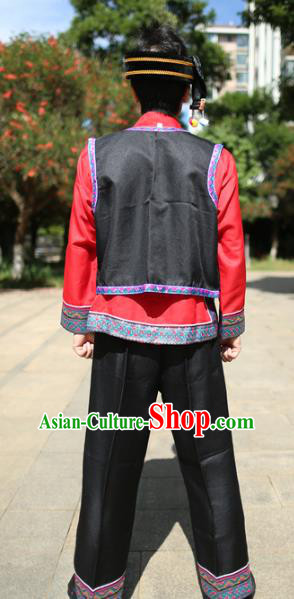 Chinese Miao Nationality Uniforms Quality Embroidered Black Vest Red Shirt and Pants for Men