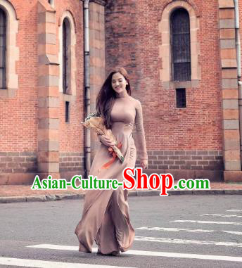 Custom Fashion Asian Light Brown Qipao Dress Traditional Vietnamese Aodai Clothing Vietnam Cheongsam with Loose Pants Two Piece Set