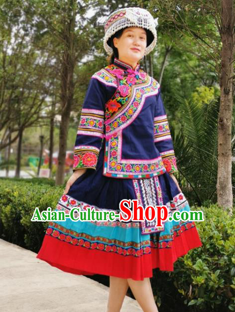 Traditional Bouyei Ethnic Women Uniforms China Guizhou Puyi Nationality Embroidered Navy Blouse and Short Skirt with Round Hat