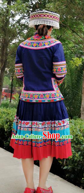 Traditional Bouyei Ethnic Women Uniforms China Guizhou Puyi Nationality Embroidered Navy Blouse and Short Skirt with Round Hat