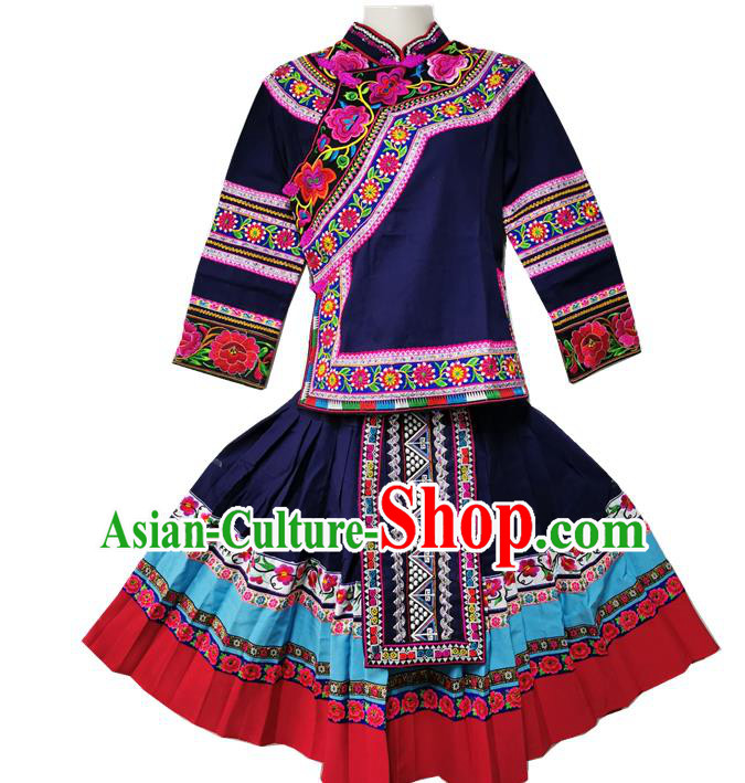 Traditional Zhuang Ethnic Women Uniforms China Guizhou Nationality Embroidered Navy Blouse and Short Skirt with Cloth Hat