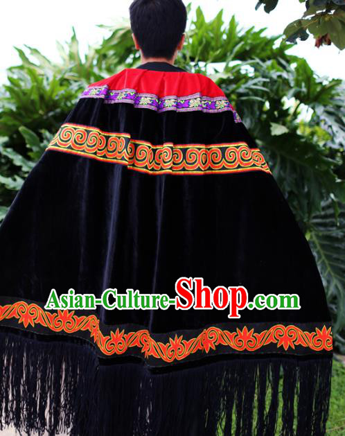 Chinese Liangshan Yi Nationality Embroidered Cape Quality Ethnic Men Costumes Black Cloak