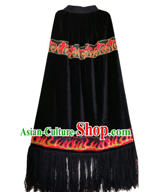 Chinese Liangshan Yi Nationality Embroidered Cape Quality Ethnic Men Costumes Black Cloak