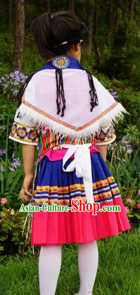 Chinese Yunnan Naxi Nationality Girls Embroidered Costumes Quality Nakhi Ethnic Rosy Dress and Headpiece for Kids