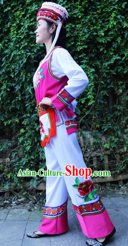 Traditional China Yunnan Bai Ethnic Women Uniforms Nationality Embroidered Vest Blouse and Pants with Headdress