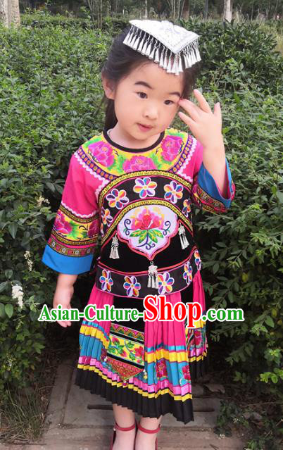 Chinese Miao Nationality Girls Costumes Quality Ethnic Folk Dance Embroidered Blouse and Skirt for Kids