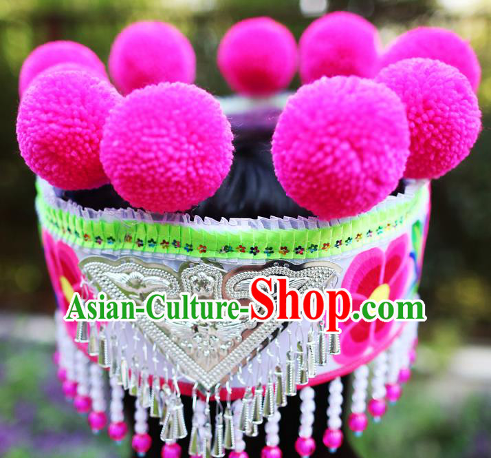 Chinese Ethnic Women Beads Tassel Headwear Traditional Yunnan Yi Nationality Embroidered Silver Hat