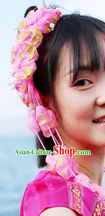 Chinese Dai Nationality Bride Pink Silk Flowers Hair Claw Traditional Yunnan Ethnic Women Tassel Headpiece