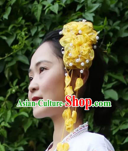 Women Yellow Silk Flowers Hair Claw Yunnan Dai Nationality Bride Headpiece Chinese Traditional Ethnic Hair Accessories
