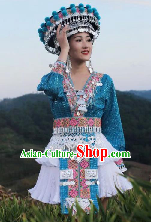 China Mengzi Miao Nationality Clothing Embroidered Photography Outfits Ethnic Women Blue Short Dress and Hat