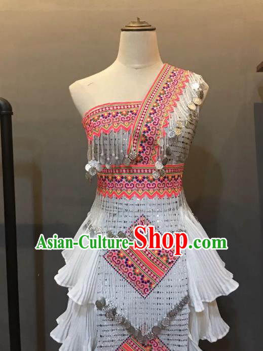 Top Quality Photography Women White One Shoulder Short Dress China Yunnan Miao Ethnic Embroidered Costumes Miao Minority Clothing