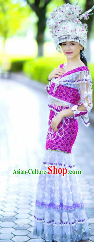 Top Quality Miao Ethnic Women Dress China Miao Nationality Clothes Embroidered Top and Skirt and Silver Hat