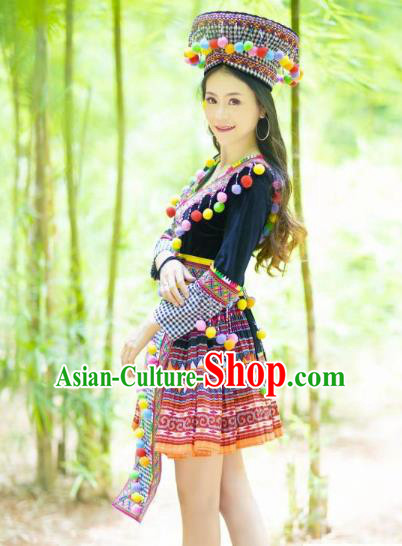 Photography Clothing Top Quality Miao Ethnic Women Short Dress China Embroidered Top and Skirt and Hat Miao Nationality Clothes
