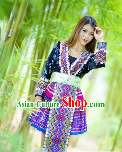 Top Quality Yunnan Mengzi Clothing China Miao Ethnic Women Short Dress Embroidered Blouse and Skirt and Hat