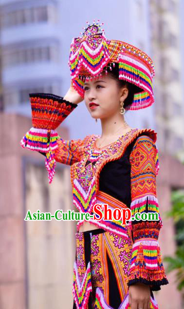 Yunnan Yao Minority Red Blouse and Skirt Top Quality Women Dance Clothing China Ethnic Nationality Costumes with Headdress